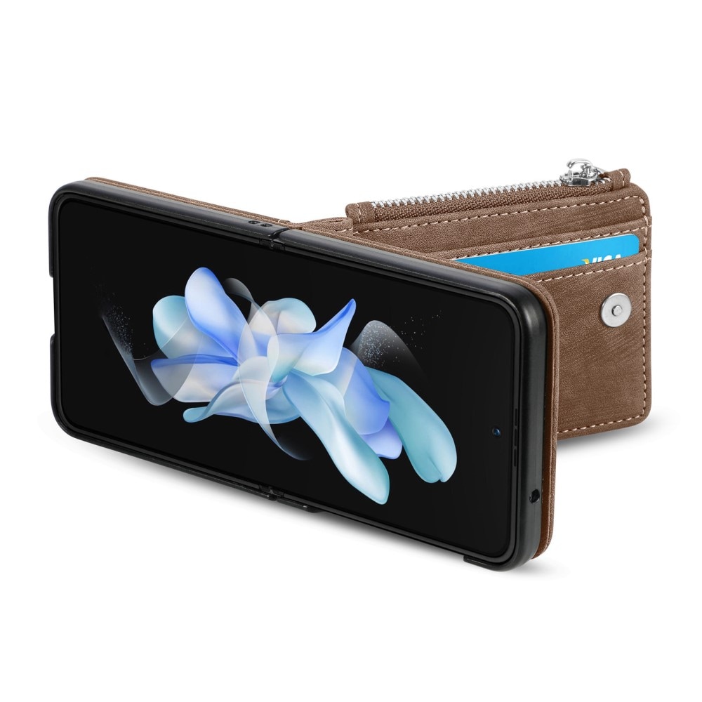 Samsung Galaxy Z Flip 5 Plånboksfodral med kortfack och dragkedja Brun
