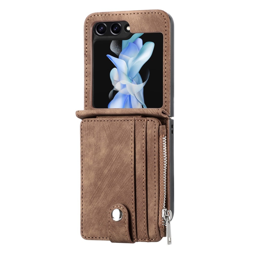 Samsung Galaxy Z Flip 5 Plånboksfodral med kortfack och dragkedja Brun
