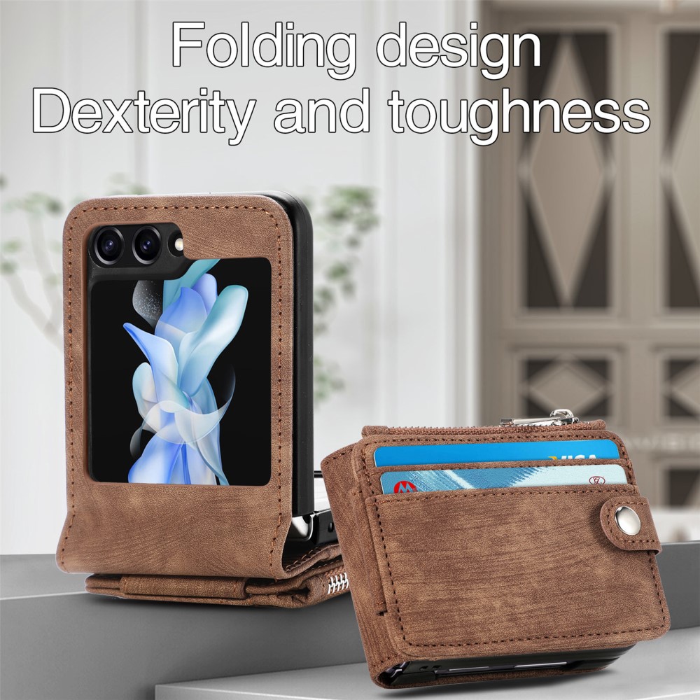Samsung Galaxy Z Flip 7 FE Plånboksfodral med kortfack och dragkedja Brun