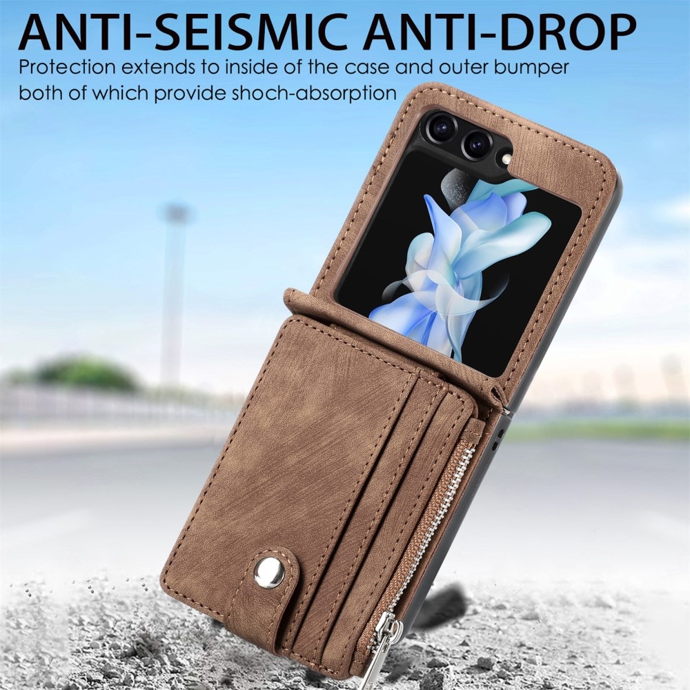 Samsung Galaxy Z Flip 7 FE Plånboksfodral med kortfack och dragkedja Brun