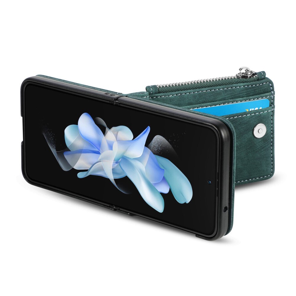 Samsung Galaxy Z Flip 5 Plånboksfodral med kortfack och dragkedja Grön