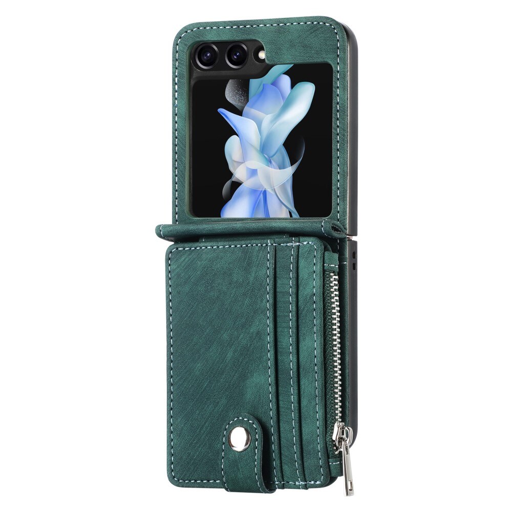Samsung Galaxy Z Flip 5 Plånboksfodral med kortfack och dragkedja Grön