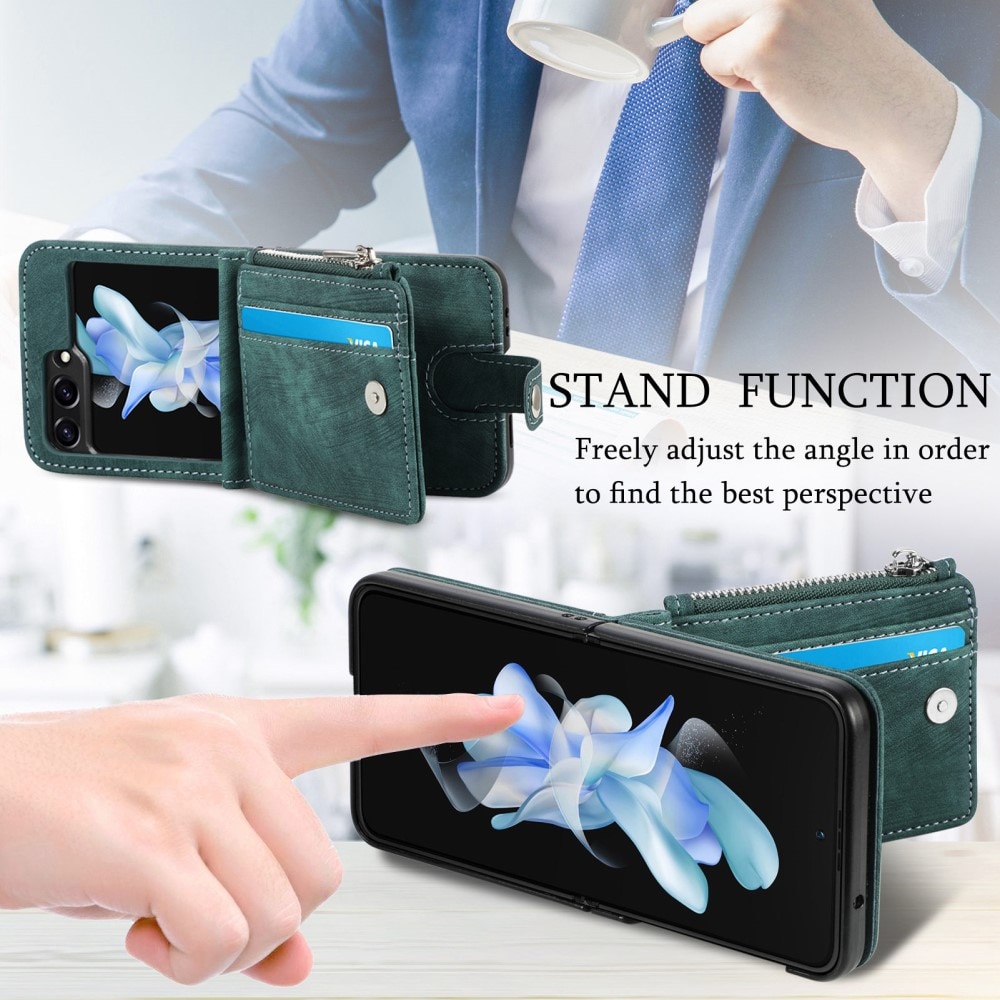 Samsung Galaxy Z Flip 5 Plånboksfodral med kortfack och dragkedja Grön