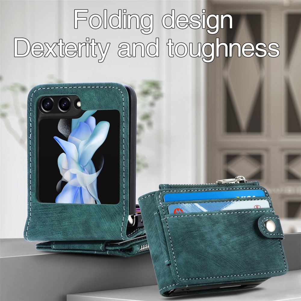 Samsung Galaxy Z Flip 5 Plånboksfodral med kortfack och dragkedja Grön