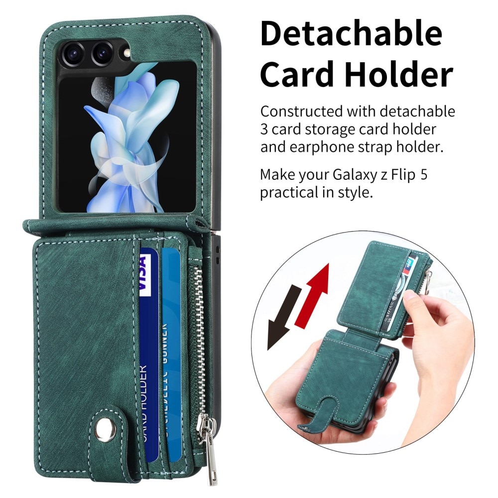 Samsung Galaxy Z Flip 5 Plånboksfodral med kortfack och dragkedja Grön