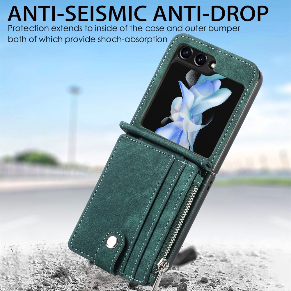 Samsung Galaxy Z Flip 5 Plånboksfodral med kortfack och dragkedja Grön