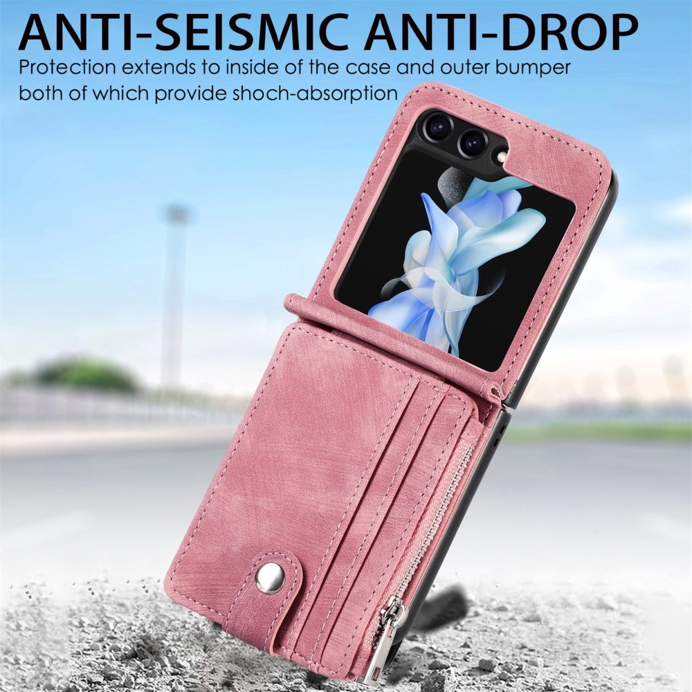 Samsung Galaxy Z Flip 7 FE Plånboksfodral med kortfack och dragkedja Rosa