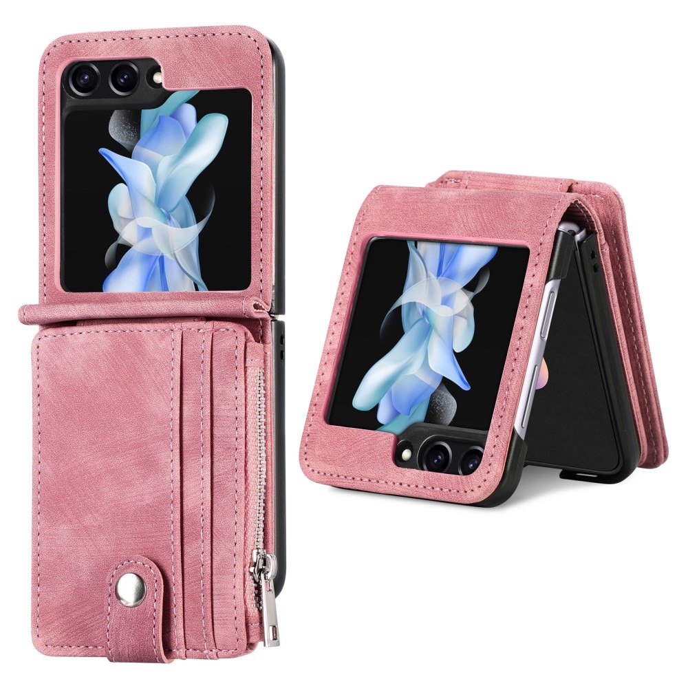 Samsung Galaxy Z Flip 7 FE Plånboksfodral med kortfack och dragkedja Rosa