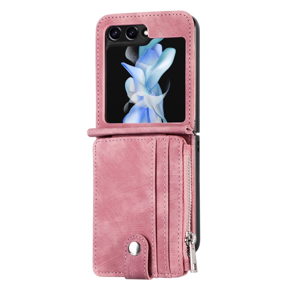 Samsung Galaxy Z Flip 5 Plånboksfodral med kortfack och dragkedja Rosa