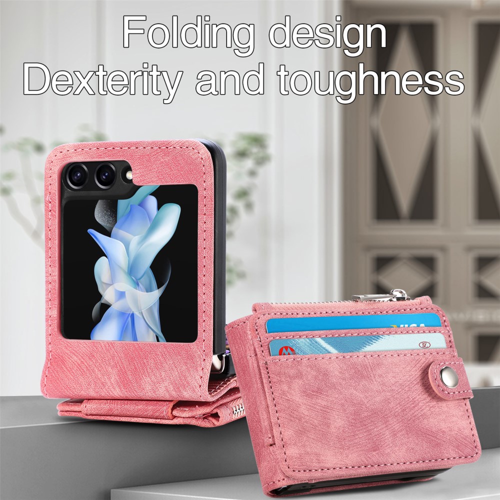 Samsung Galaxy Z Flip 7 FE Plånboksfodral med kortfack och dragkedja Rosa