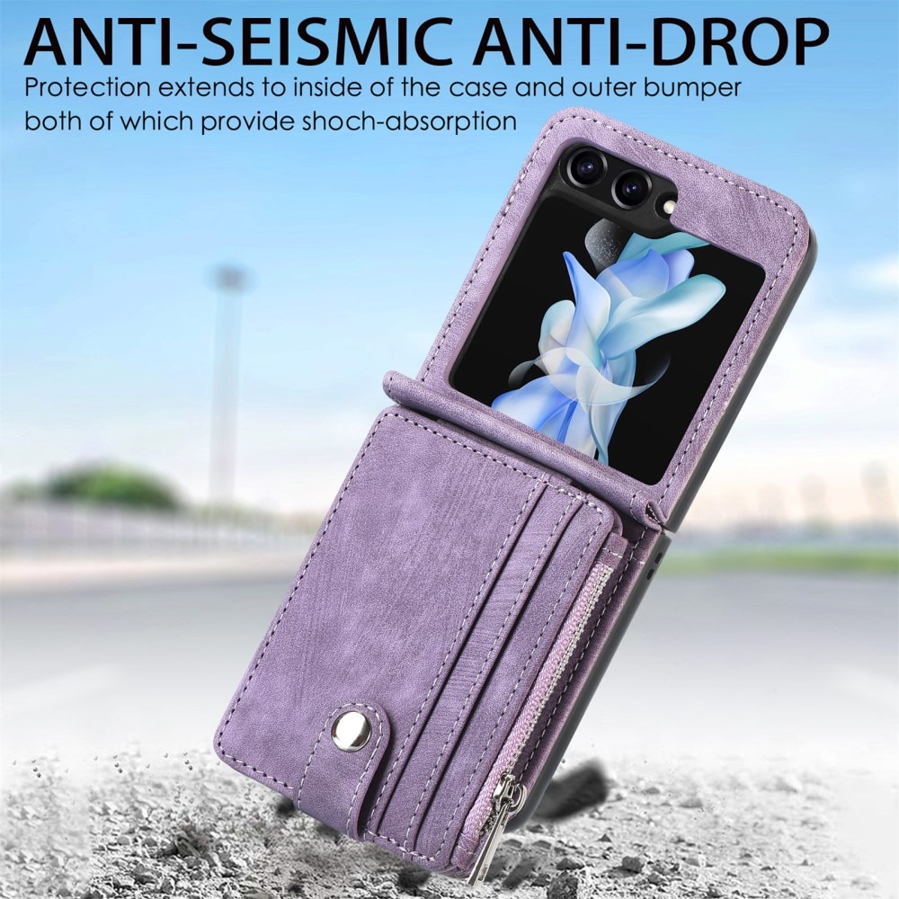 Samsung Galaxy Z Flip 7 FE Plånboksfodral med kortfack och dragkedja Lila