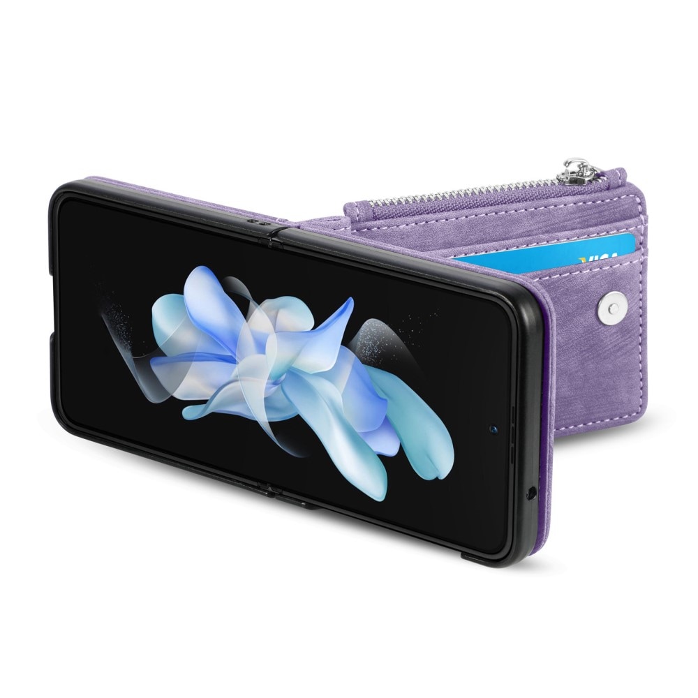 Samsung Galaxy Z Flip 5 Plånboksfodral med kortfack och dragkedja Lila