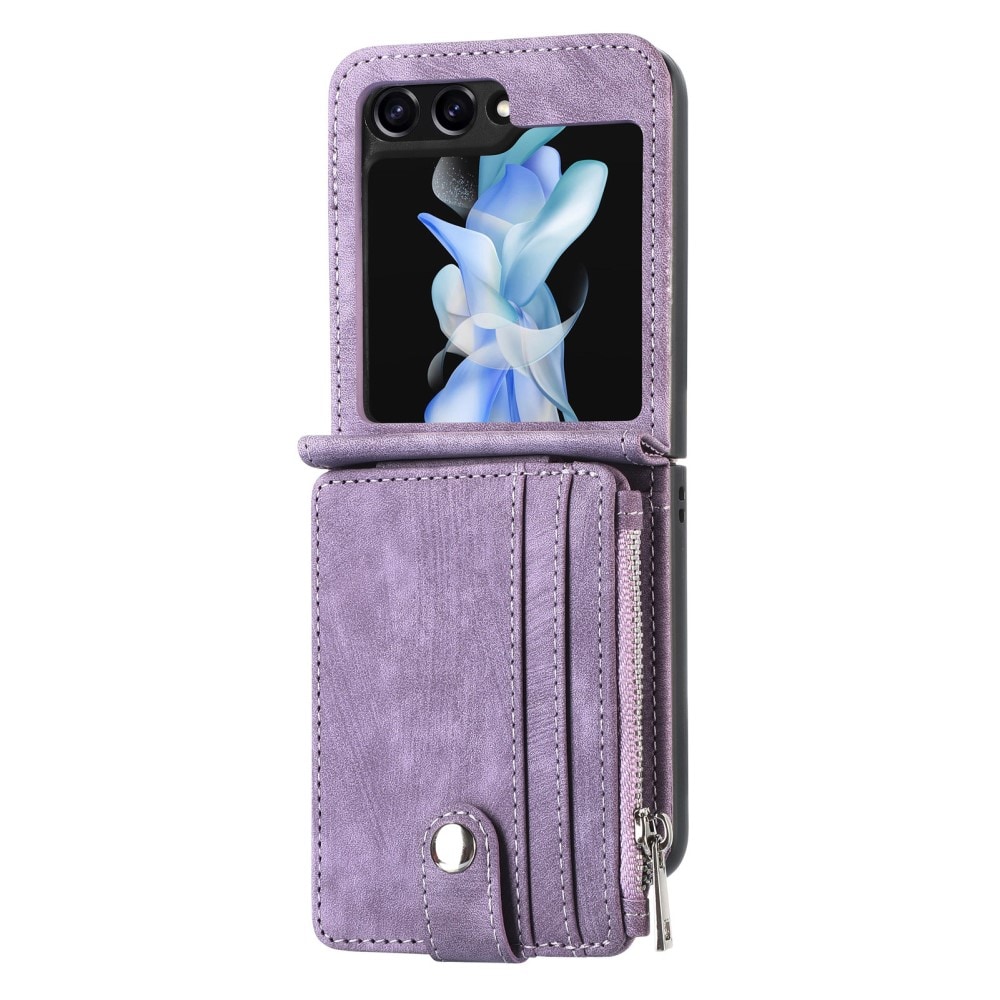 Samsung Galaxy Z Flip 5 Plånboksfodral med kortfack och dragkedja Lila