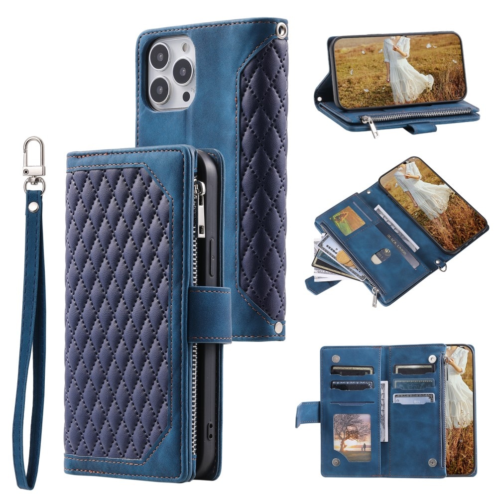 iPhone 15 Pro Quiltad plånboksväska, blå