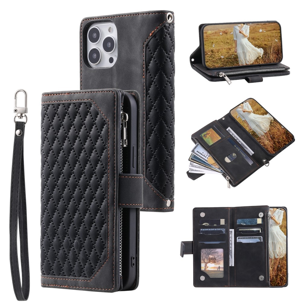 iPhone 15 Pro Quiltad plånboksväska, svart