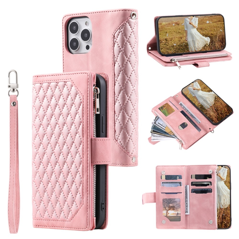 iPhone 15 Pro Quiltad plånboksväska, rosa