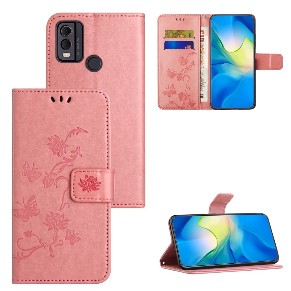 Nokia C22 Mobilfodral med fjärilar, rosa