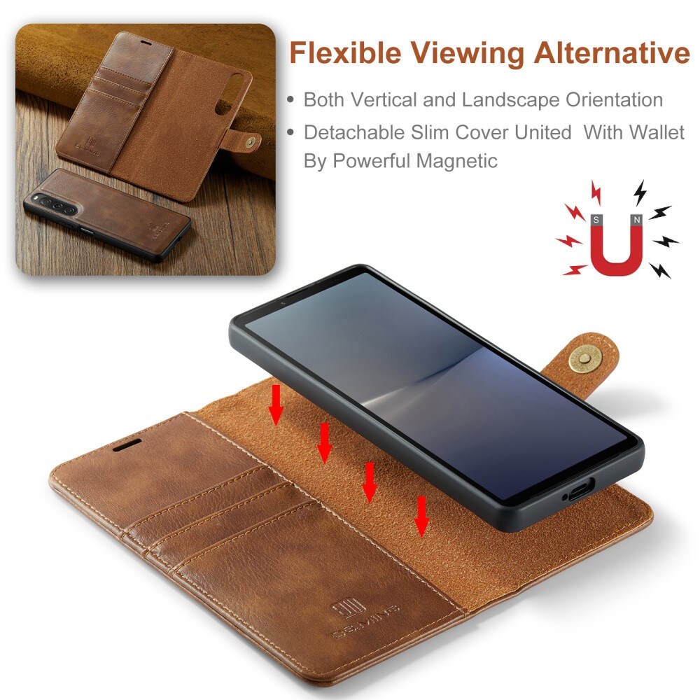 Sony Xperia 10 V Plånboksfodral med avtagbart skal, Cognac