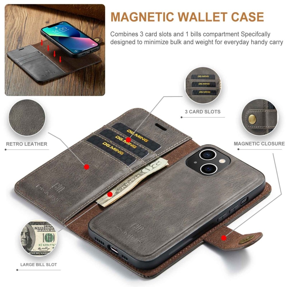 iPhone 15 Plånboksfodral med avtagbart skal, brun