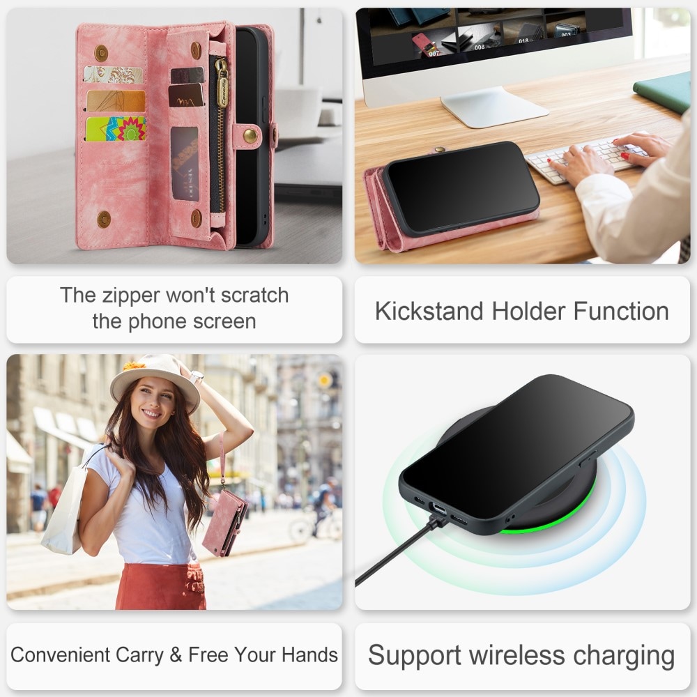 iPhone 15 Pro Max Rymligt plånboksfodral med många kortfack, Rosa