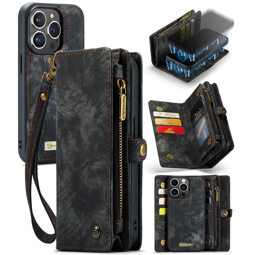 iPhone 15 Pro Rymligt plånboksfodral med många kortfack, grå