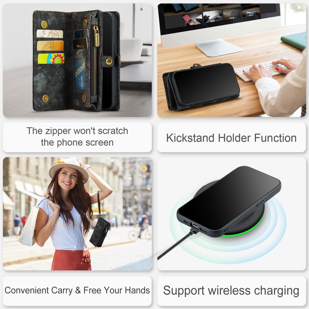 iPhone 15 Pro Rymligt plånboksfodral med många kortfack, Grå