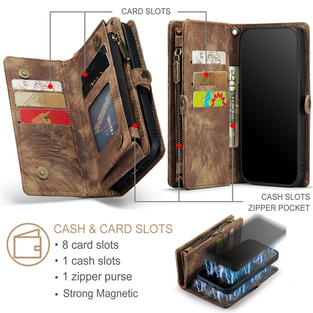 iPhone 15 Pro Rymligt plånboksfodral med många kortfack, brun