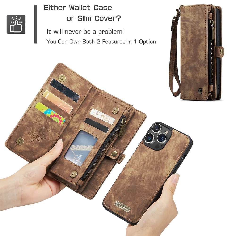 iPhone 15 Pro Rymligt plånboksfodral med många kortfack, brun