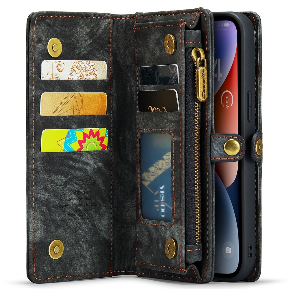 iPhone 15 Rymligt plånboksfodral med många kortfack, grå
