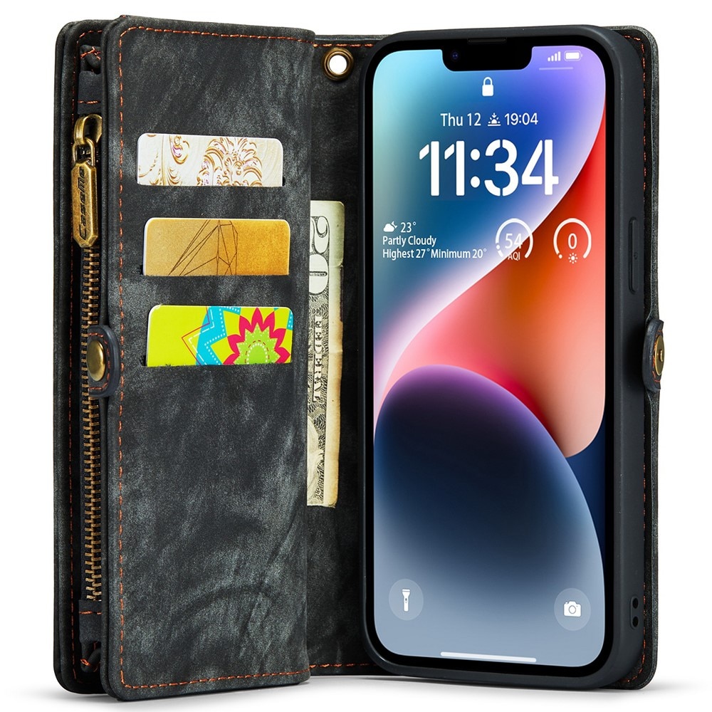 iPhone 15 Rymligt plånboksfodral med många kortfack, grå