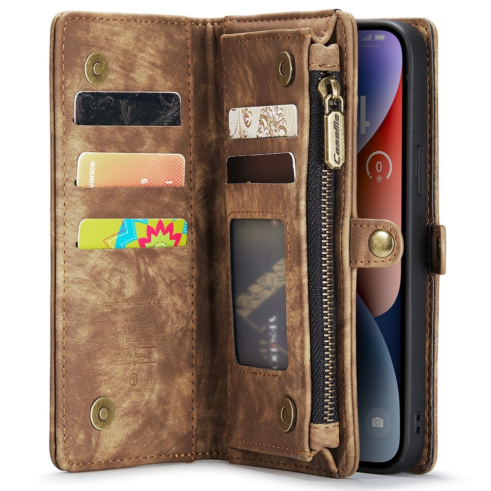 iPhone 15 Rymligt plånboksfodral med många kortfack, brun
