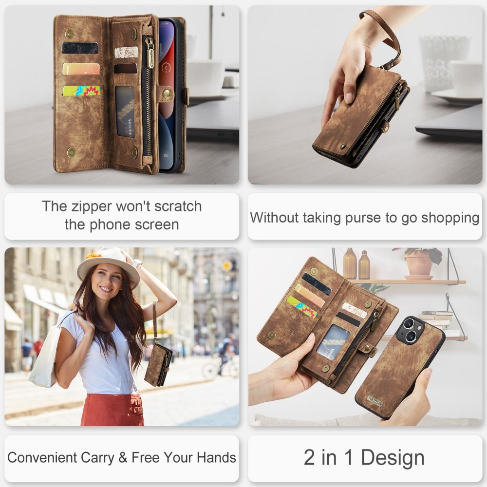 iPhone 15 Rymligt plånboksfodral med många kortfack, brun