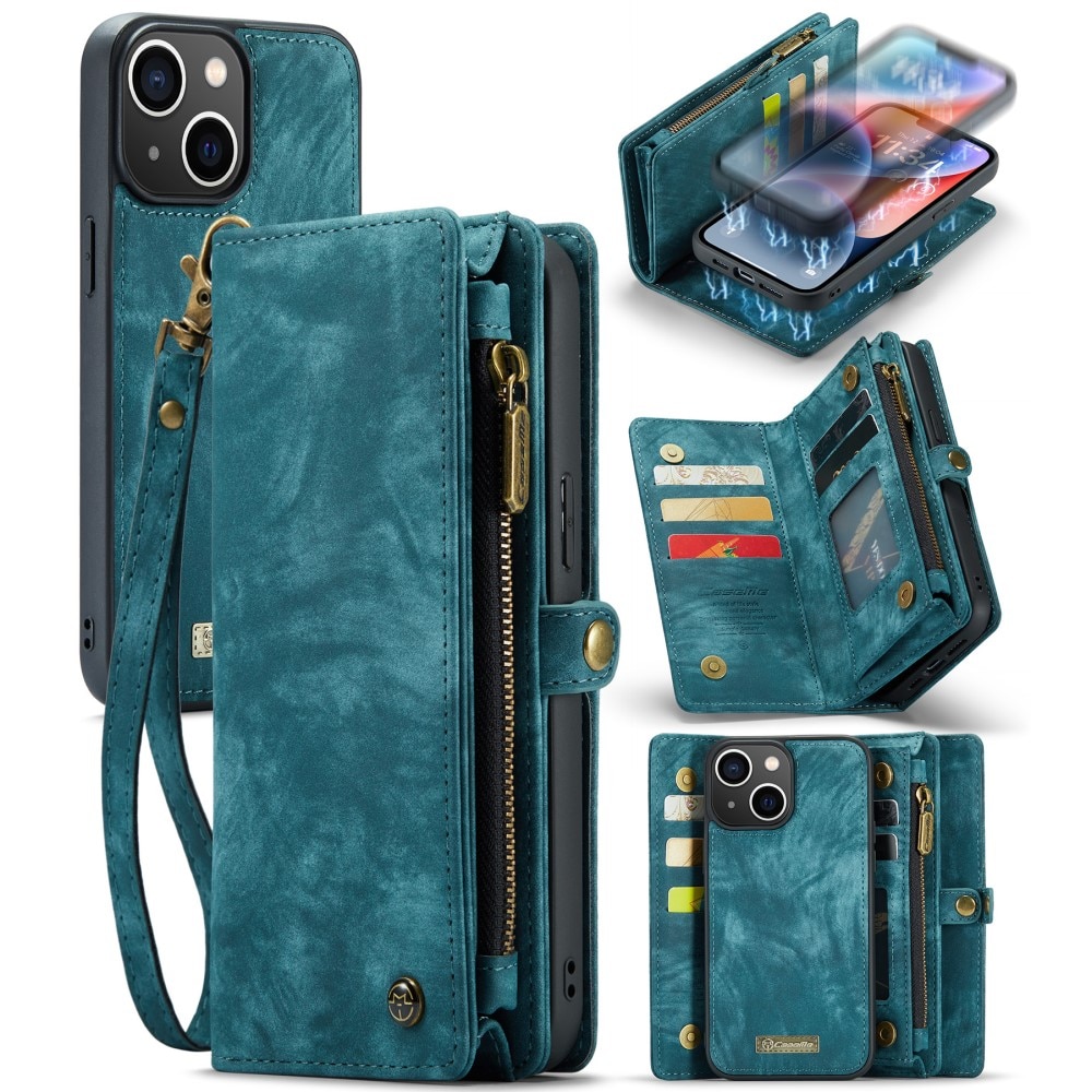 iPhone 15 Rymligt plånboksfodral med många kortfack, blå