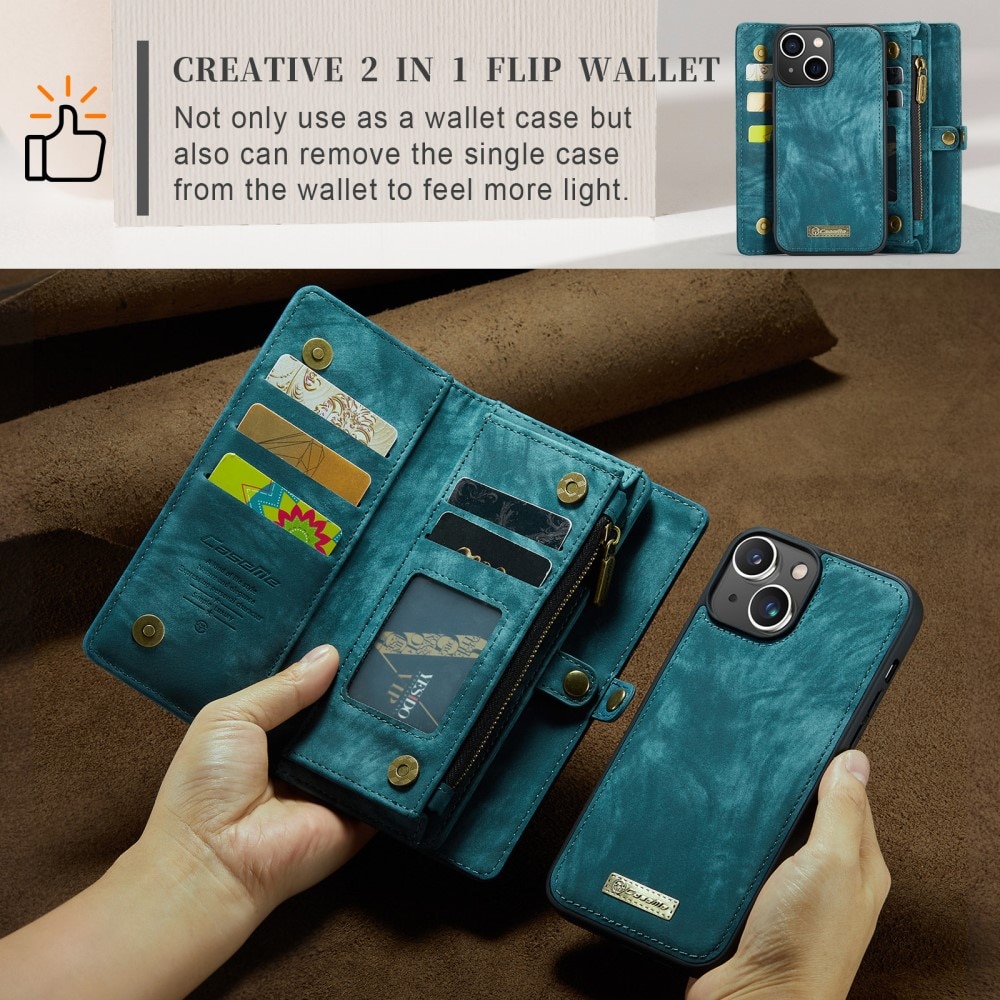iPhone 15 Rymligt plånboksfodral med många kortfack, blå