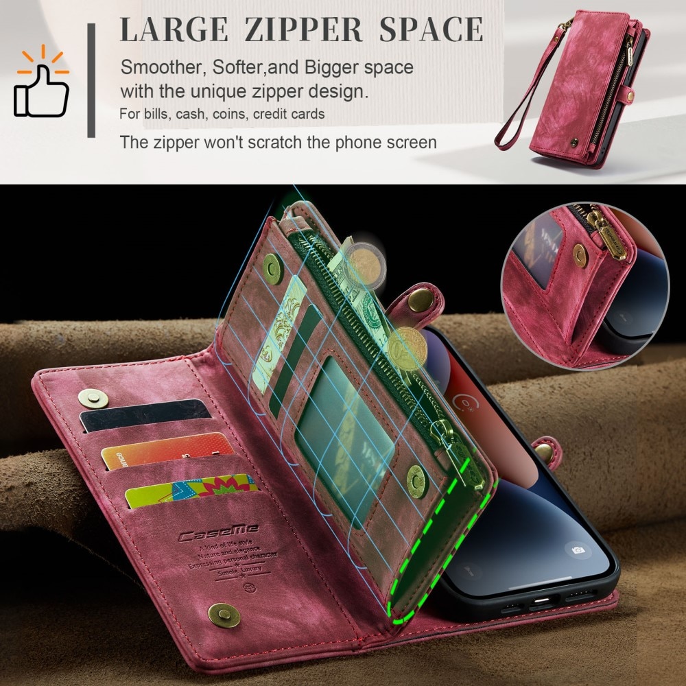 iPhone 15 Rymligt plånboksfodral med många kortfack, röd