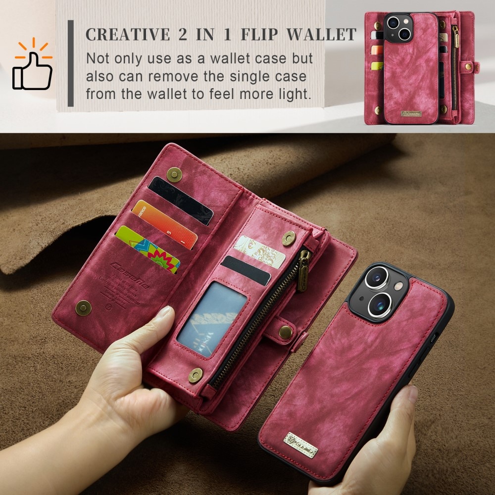 iPhone 15 Rymligt plånboksfodral med många kortfack, röd