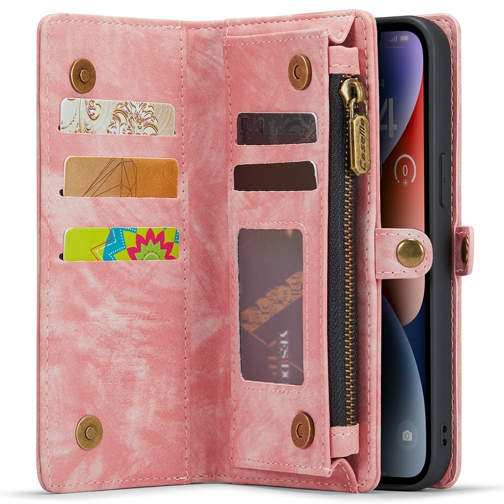 iPhone 15 Rymligt plånboksfodral med många kortfack, rosa
