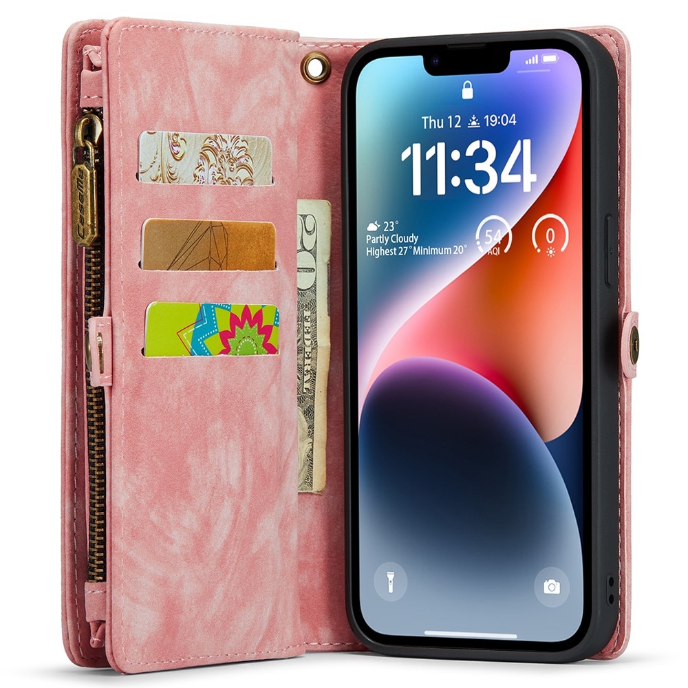 iPhone 15 Rymligt plånboksfodral med många kortfack, rosa