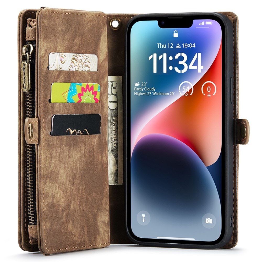 iPhone 15 Plus Rymligt plånboksfodral med många kortfack, Brun