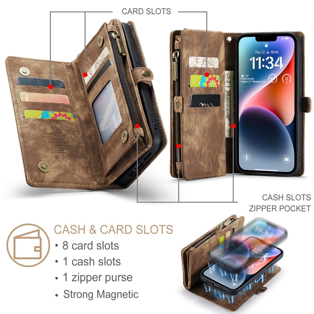 iPhone 15 Plus Rymligt plånboksfodral med många kortfack, brun