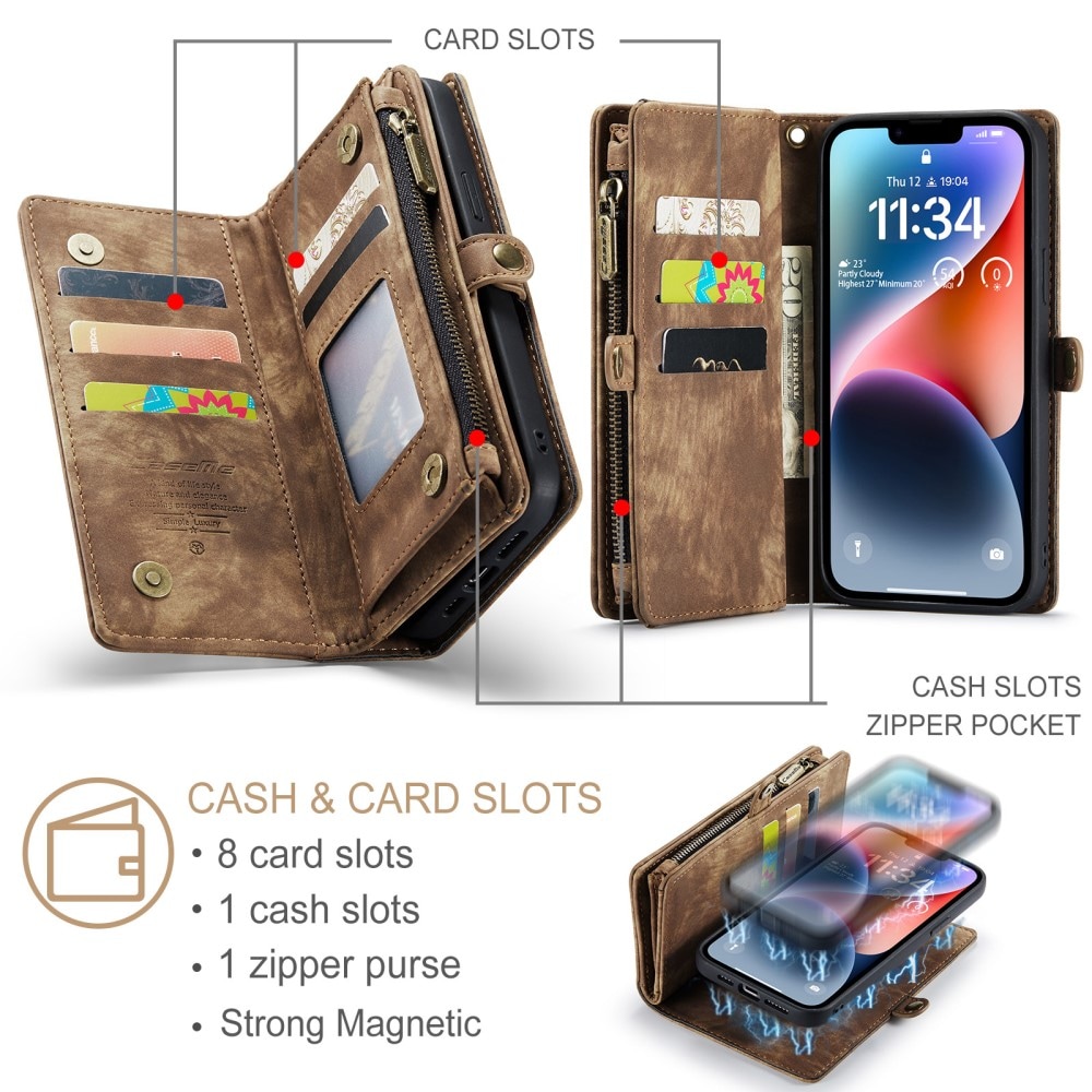 iPhone 15 Plus Rymligt plånboksfodral med många kortfack, Brun