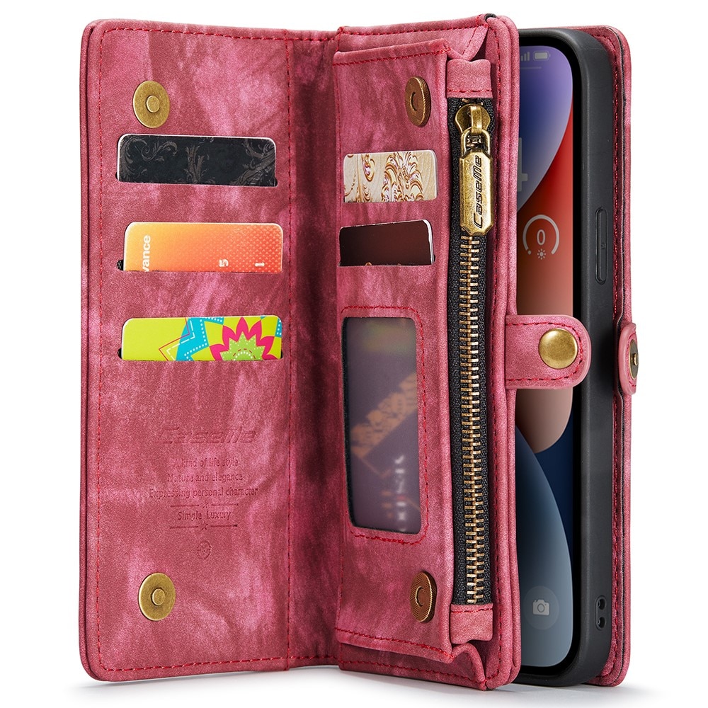 iPhone 15 Plus Rymligt plånboksfodral med många kortfack, röd