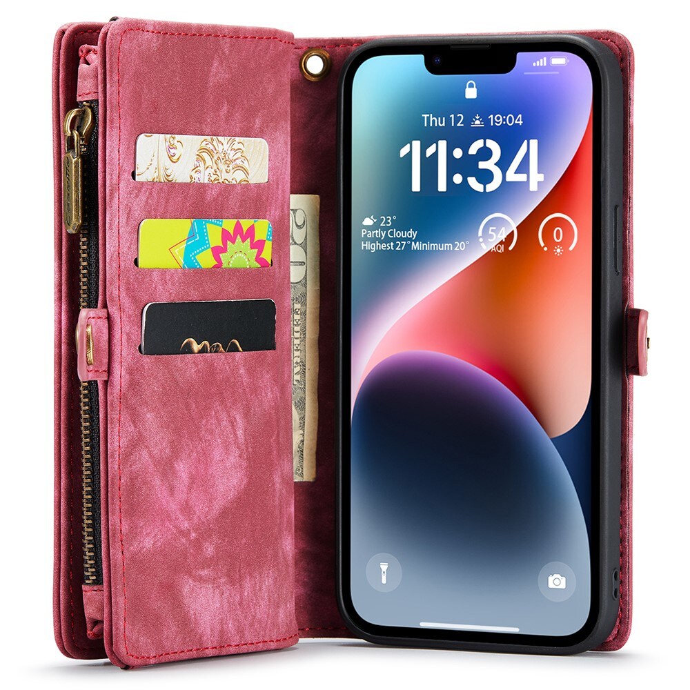 iPhone 15 Plus Rymligt plånboksfodral med många kortfack, Röd