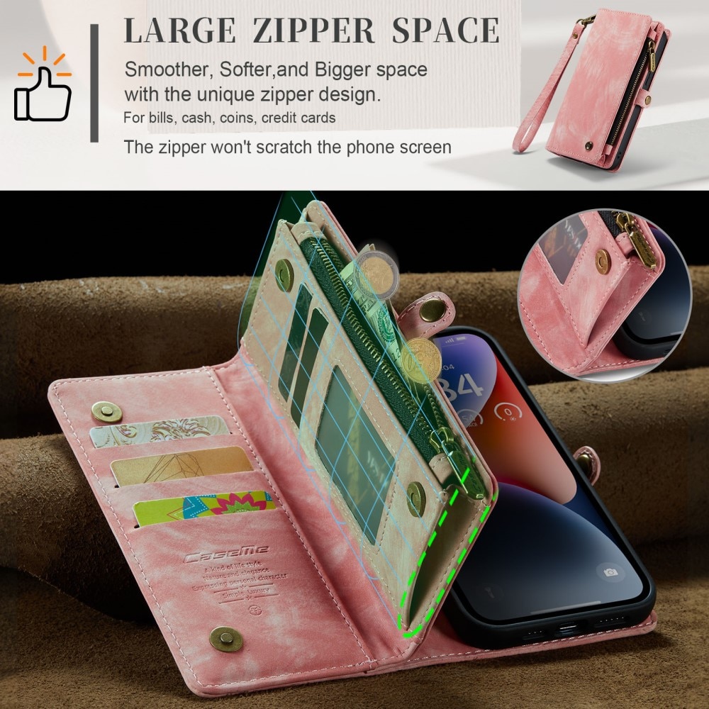 iPhone 15 Plus Rymligt plånboksfodral med många kortfack, rosa