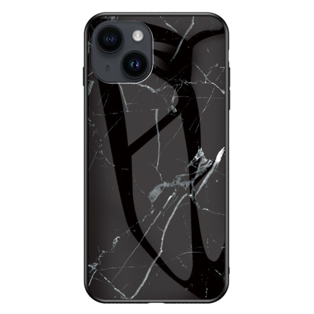iPhone 15 Mobilskal med baksida av glas, svart marmor