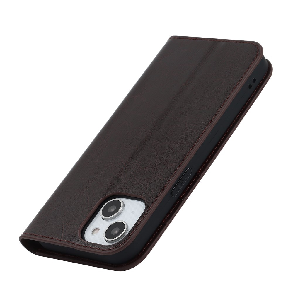 iPhone 15 Plus Smidigt mobilfodral i äkta läder, mörkbrun