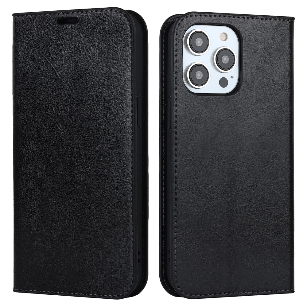 iPhone 15 Pro Smidigt mobilfodral i äkta läder, svart