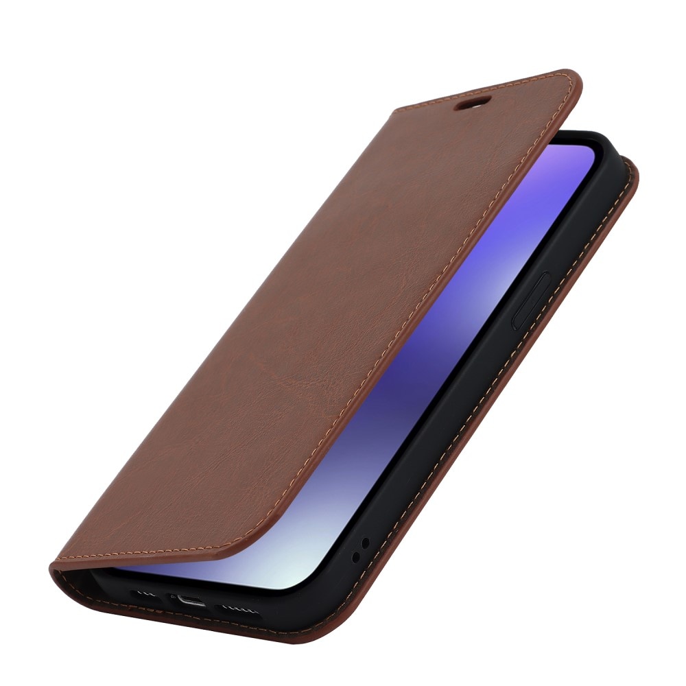 iPhone 15 Pro Smidigt mobilfodral i äkta läder, Brun
