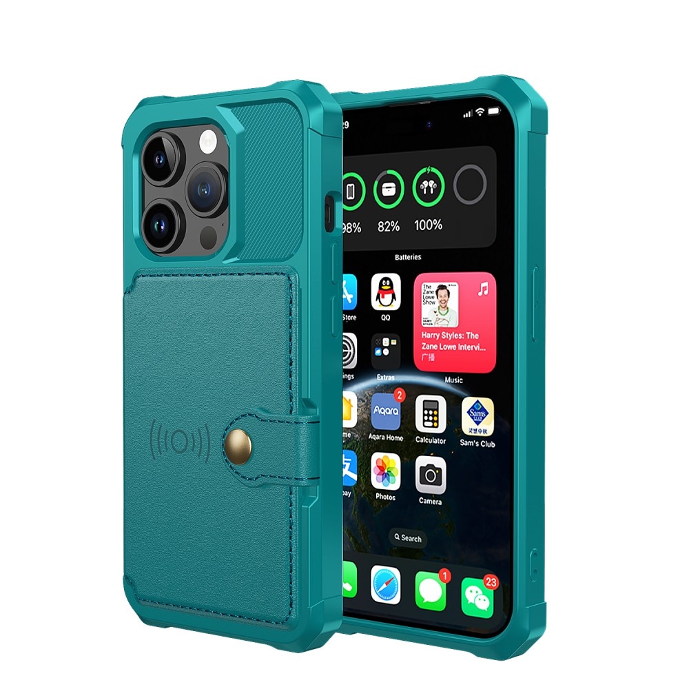 iPhone 15 Pro Stöttåligt Mobilskal med Plånbok, grön