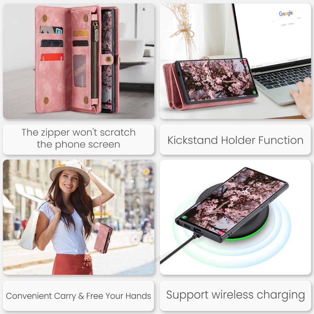 Samsung Galaxy S24 Ultra Rymligt plånboksfodral med många kortfack, rosa